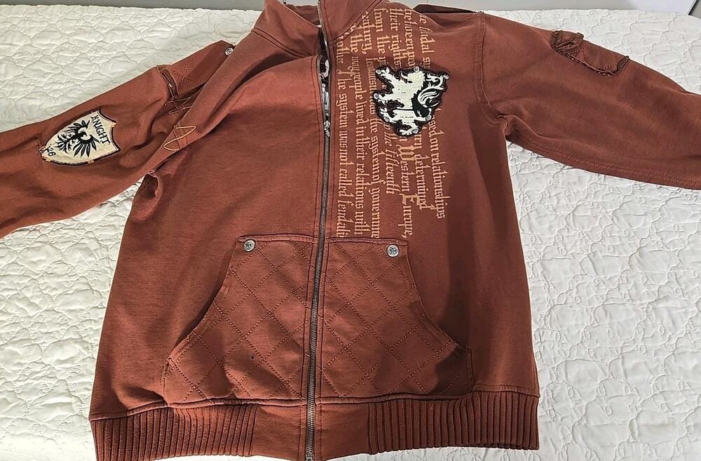 Y2K Knight Hoodie Mens L Brown Medieval Eagle Full Zip Graphic Embroidered #0233
